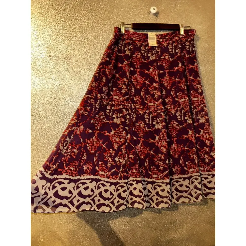 Coldwater Creek Skirt 14 Purple Floral Border Print Midi A Line Lined NWT Career